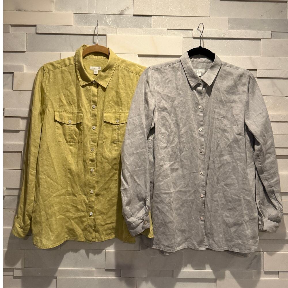 J. JILL Lot of 2 100% Linen Long Sleeve Button Down Shirts S Chartreuse Gray
